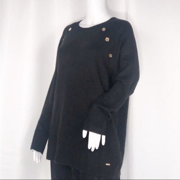 Calvin Klein Black Scoop Neck Gold Buttons Sweater SzL Long Sleeves & Loose Fit - Picture 4 of 13